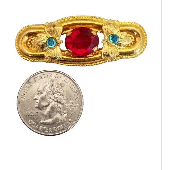 Czech Gold Tone Art Nouveau-style Red Prong Set Rhinestone Bar Brooch, M969 - Picture 5 of 8